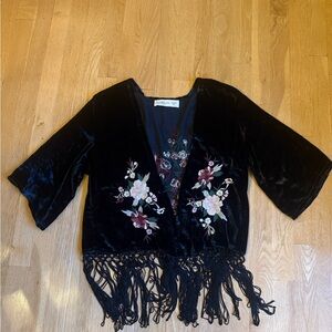 Abercrombie Y2K Embroidered Black Velvet Fringe Kimono Top